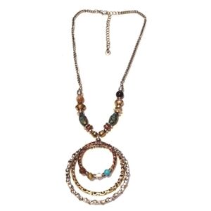 ROXY AND LOLA SILVER-TONE BEADED 3-TONE ROUND METAL PENDANT 17-20" NECKLACE